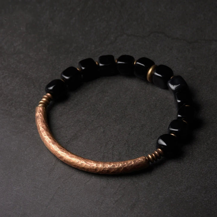 Black Obsidian Bangle Antique Brass Unisex Bracelet Trendy Design