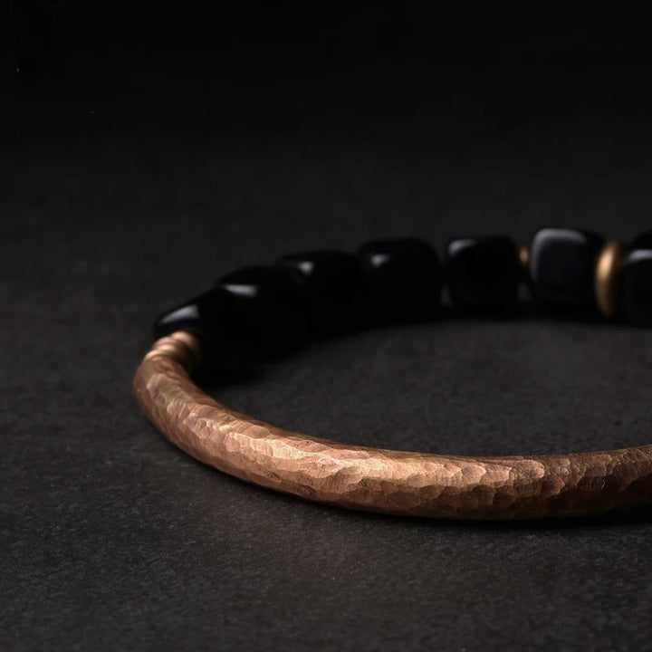 Black Obsidian Bangle Antique Brass Unisex Bracelet Trendy Design