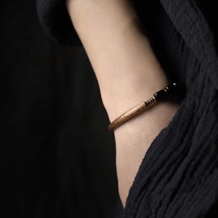 Black Obsidian Bangle Antique Brass Unisex Bracelet Trendy Design