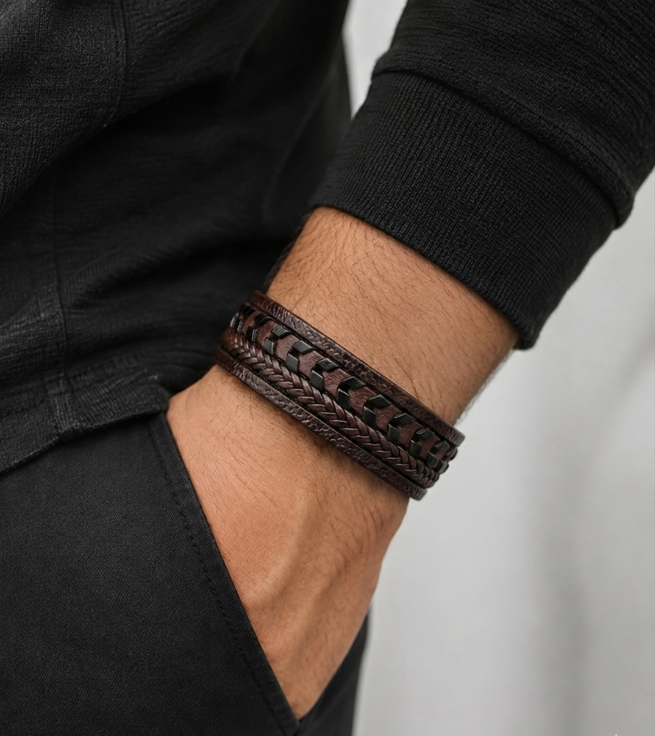 Premium men's layered leather bracelet, isolated on a clean white background, showcasing a matte black clasp.