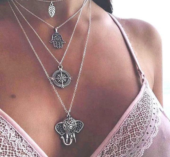 Silver OM Elephant Moon Pendant Collar Necklace Charm Choker Vintage Women Boho Necklace
