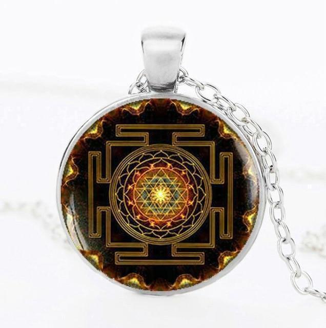 Sri Yantra Pendant Necklace Sacred Geometry Glass Necklace Charm