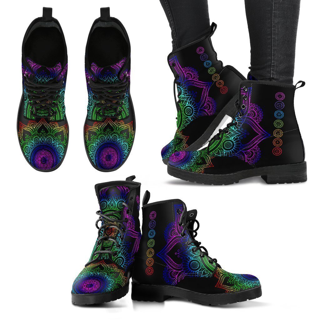 Women's Handcrafted Spiritual Chakra Mandala Ugg Style Boots - Black - newest Faux Fur Boots