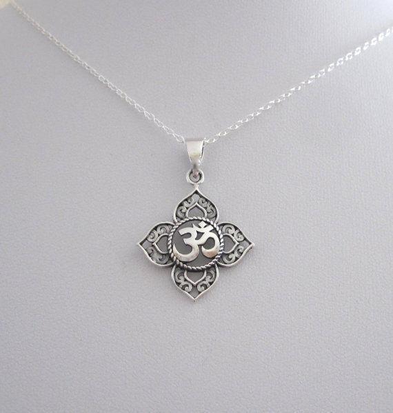 OM Lotus Symbol Charm Silver Pendant Necklace