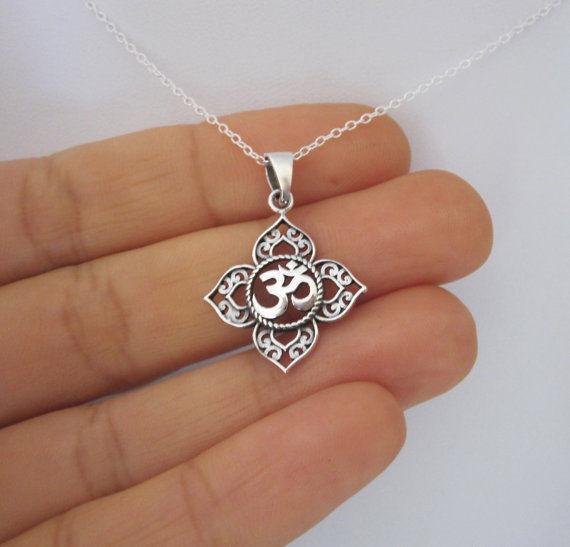 OM Lotus Symbol Charm Silver Pendant Necklace