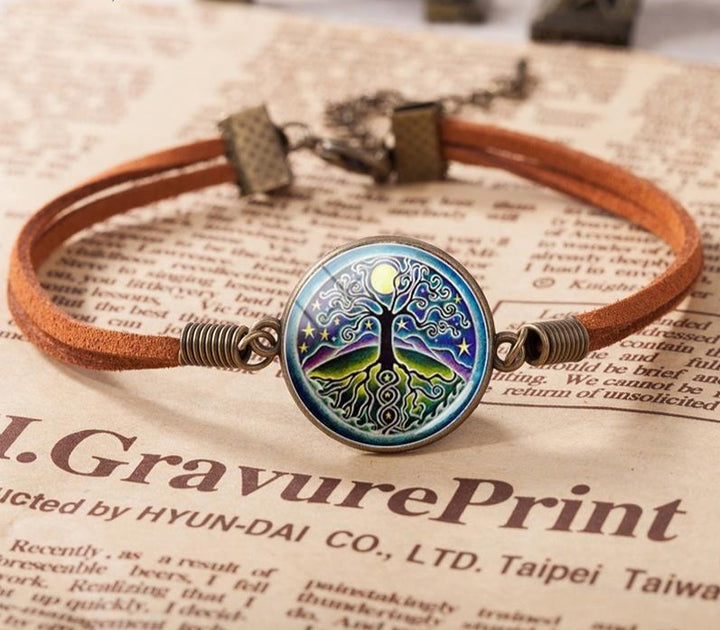 Tree of Life Glass Dome Charm Bracelet Buddha Lucky Leather Good Luck Bracelet