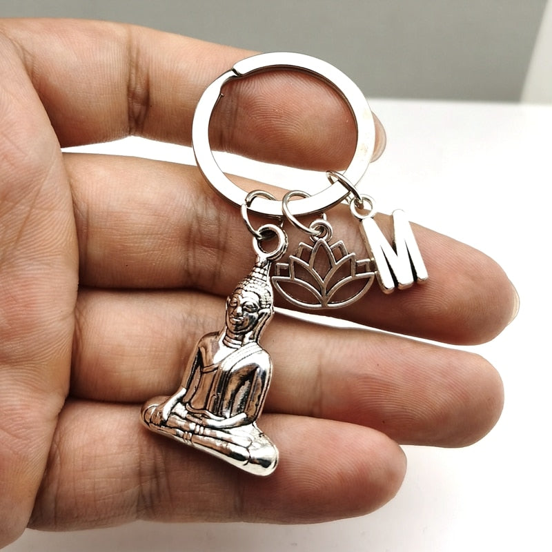 Buddha Keychain Lotus Flower Initial Pendant Keychain