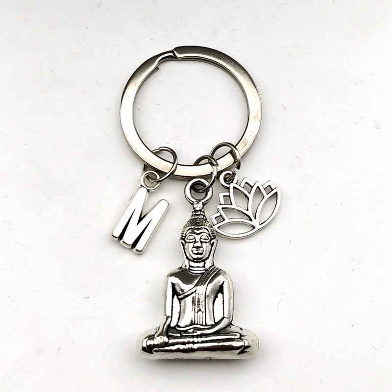 Buddha Keychain Lotus Flower Initial Pendant Keychain