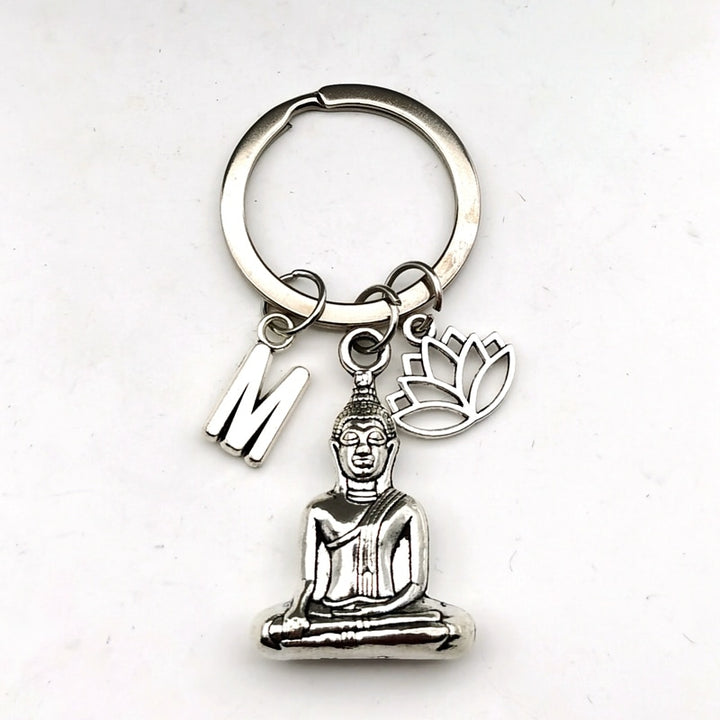 Buddha Keychain Lotus Flower Initial Pendant Keychain