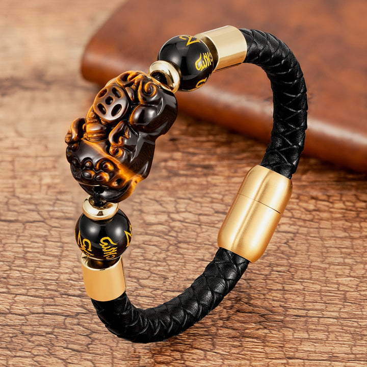 Feng Shui Tiger Eye Pixiu Obsidian Beads Bracelet Lucky Pi Xiu Charm Leather Bracelet