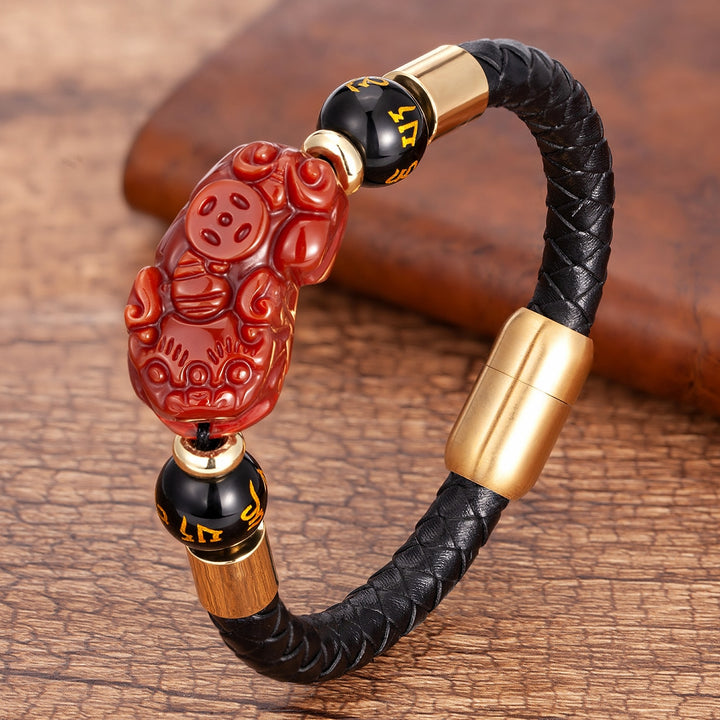 Feng Shui Tiger Eye Pixiu Obsidian Beads Bracelet Lucky Pi Xiu Charm Leather Bracelet