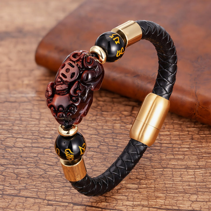 Feng Shui Tiger Eye Pixiu Obsidian Beads Bracelet Lucky Pi Xiu Charm Leather Bracelet