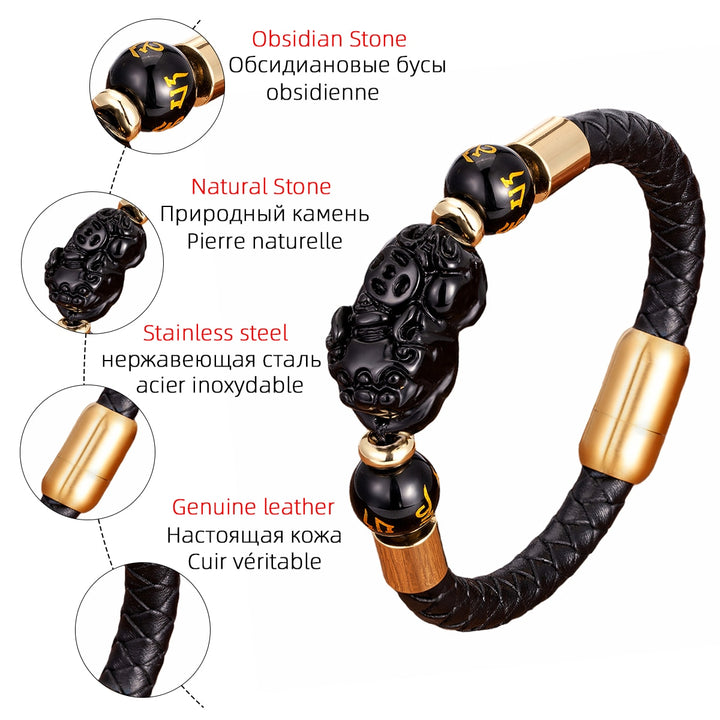 Feng Shui Tiger Eye Pixiu Obsidian Beads Bracelet Lucky Pi Xiu Charm Leather Bracelet