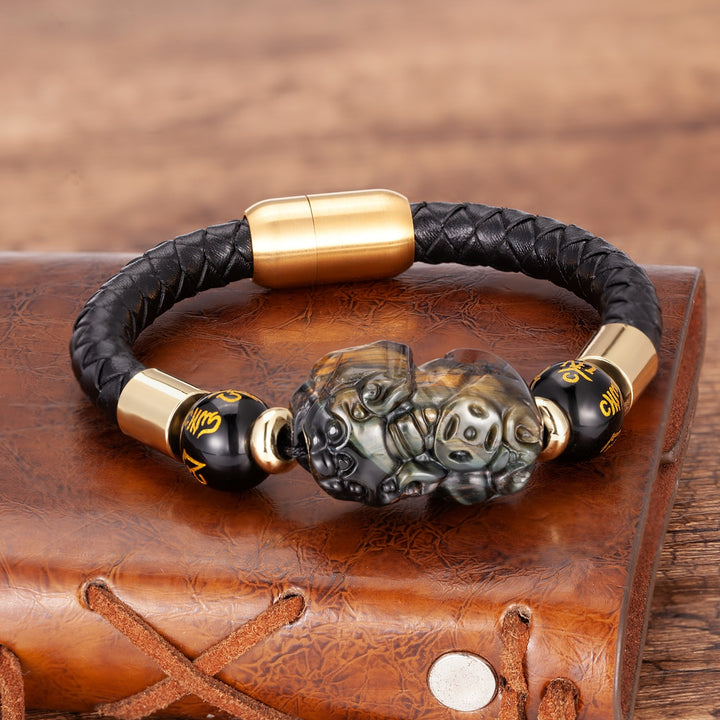 Feng Shui Tiger Eye Pixiu Obsidian Beads Bracelet Lucky Pi Xiu Charm Leather Bracelet