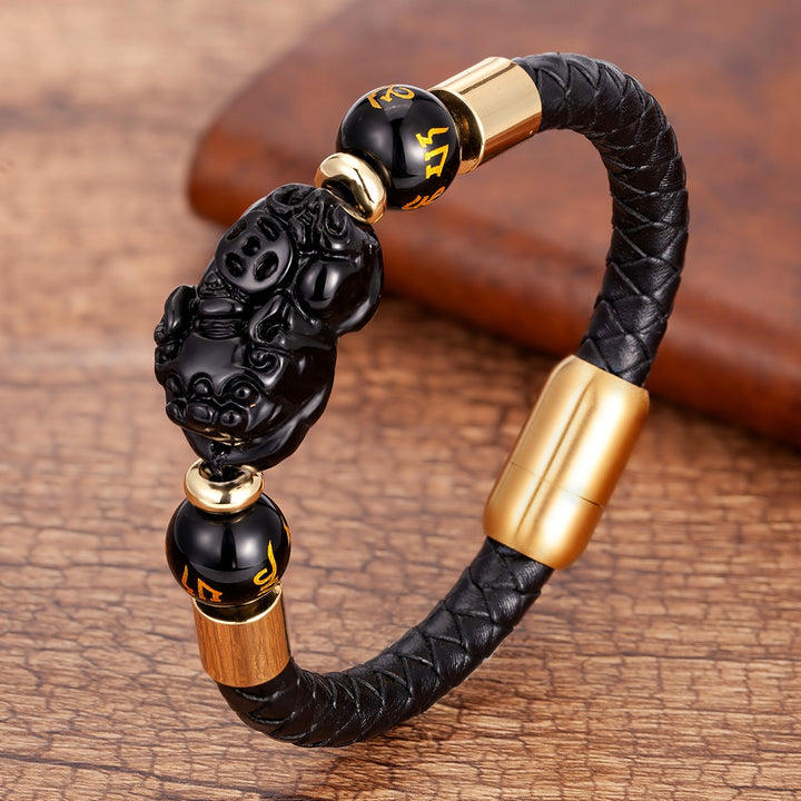 Feng Shui Tiger Eye Pixiu Obsidian Beads Bracelet Lucky Pi Xiu Charm Leather Bracelet