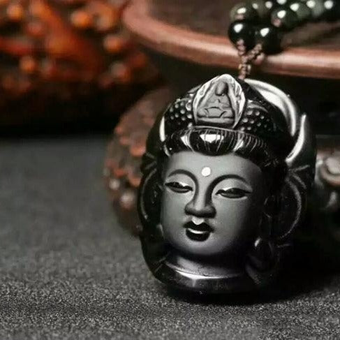 Natural Obsidian Buddha Black Pendant Necklace Protection Stone Natural Black Crystals Necklace