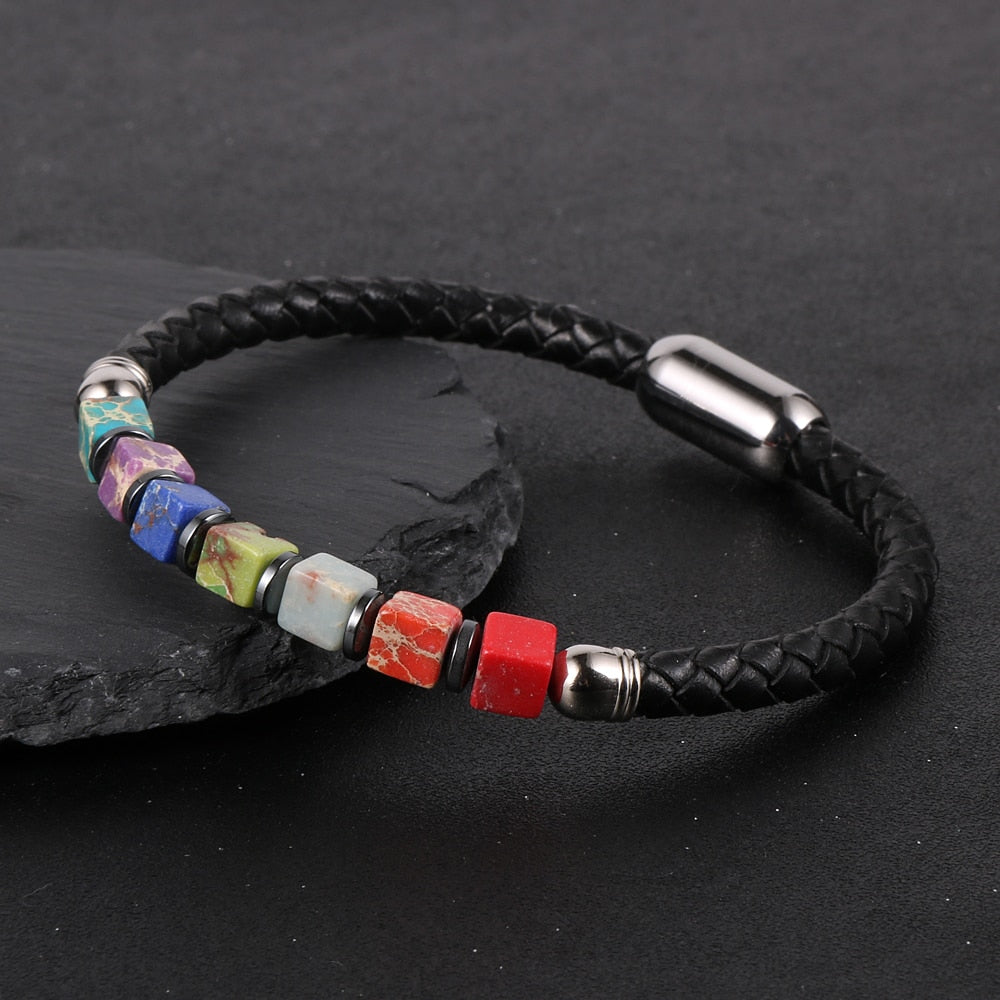 7 Chakra Cubic Beads Bracelet Healing Stone Charm Bangle Bracelet Unisex Silver Gold