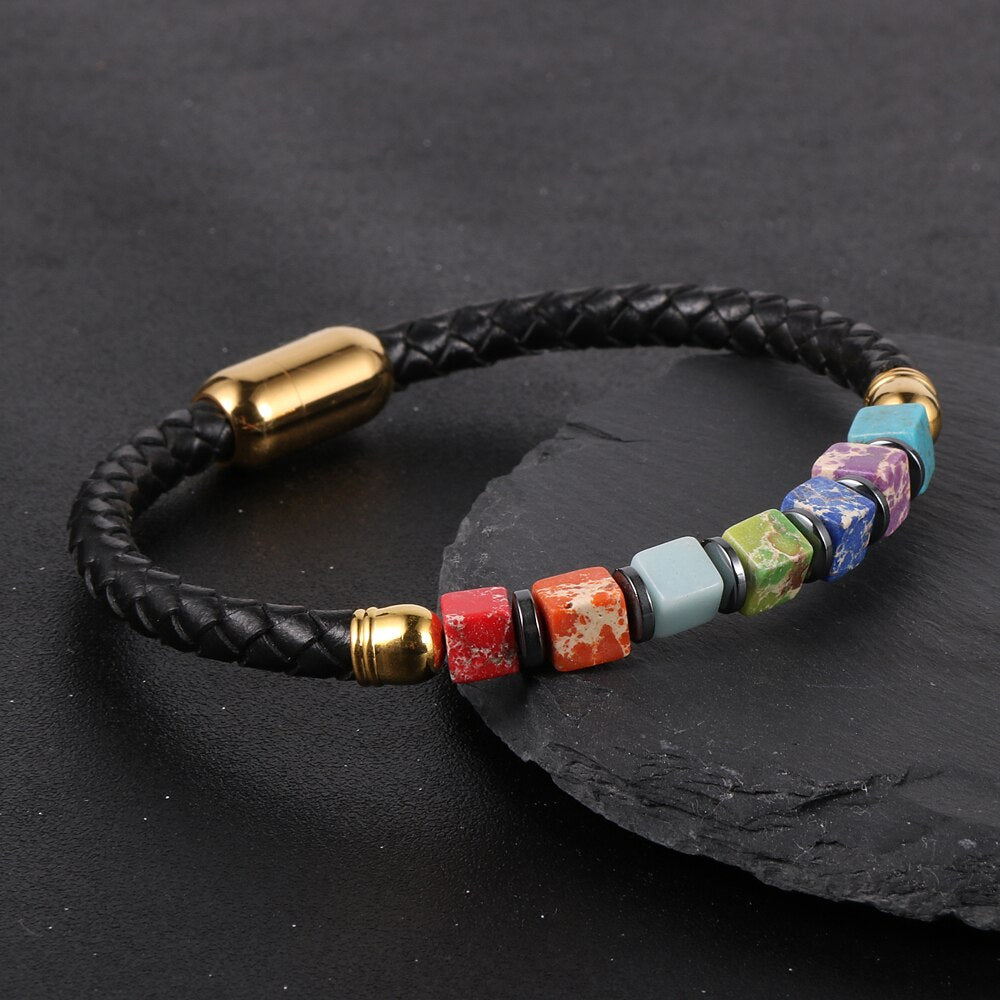 7 Chakra Cubic Beads Bracelet Healing Stone Charm Bangle Bracelet Unisex Silver Gold