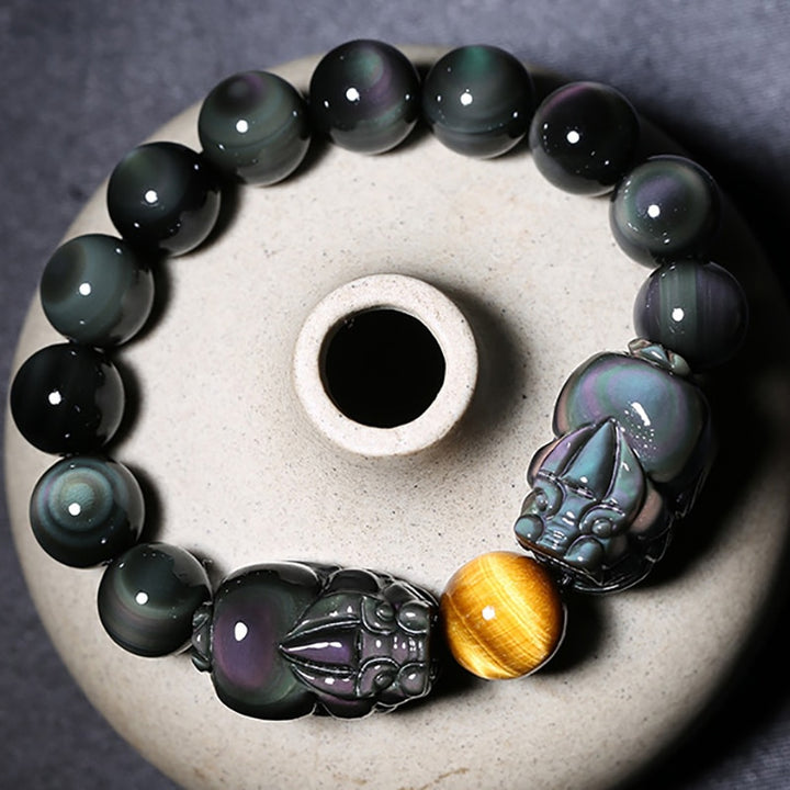 Double Pixiu Feng Shui Lucky Bracelet Bead Stone Black Obsidian Pi Xiu Elastic Band Bracelet