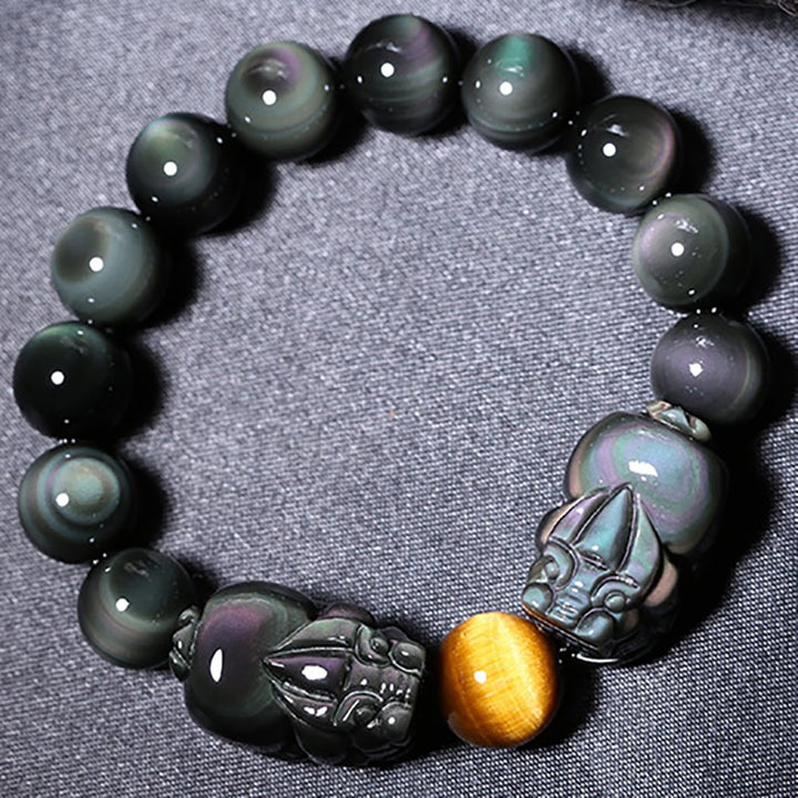 Double Pixiu Feng Shui Lucky Bracelet Bead Stone Black Obsidian Pi Xiu Elastic Band Bracelet