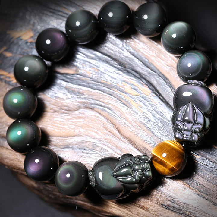 Double Pixiu Feng Shui Lucky Bracelet Bead Stone Black Obsidian Pi Xiu Elastic Band Bracelet