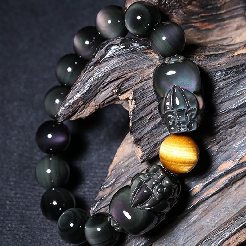 Double Pixiu Feng Shui Lucky Bracelet Bead Stone Black Obsidian Pi Xiu Elastic Band Bracelet