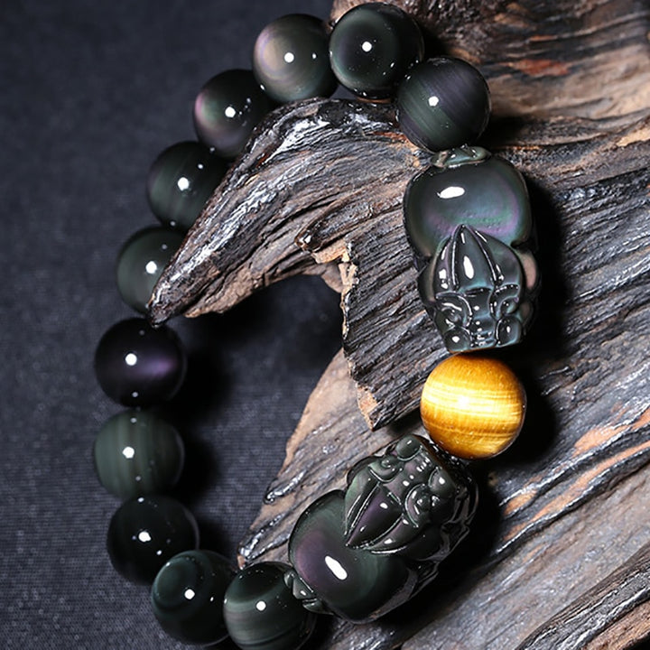 Double Pixiu Feng Shui Lucky Bracelet Bead Stone Black Obsidian Pi Xiu Elastic Band Bracelet