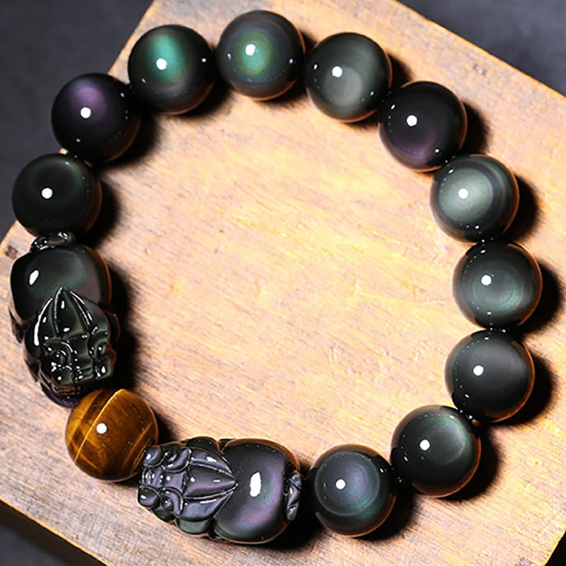 Double Pixiu Feng Shui Lucky Bracelet Bead Stone Black Obsidian Pi Xiu Elastic Band Bracelet