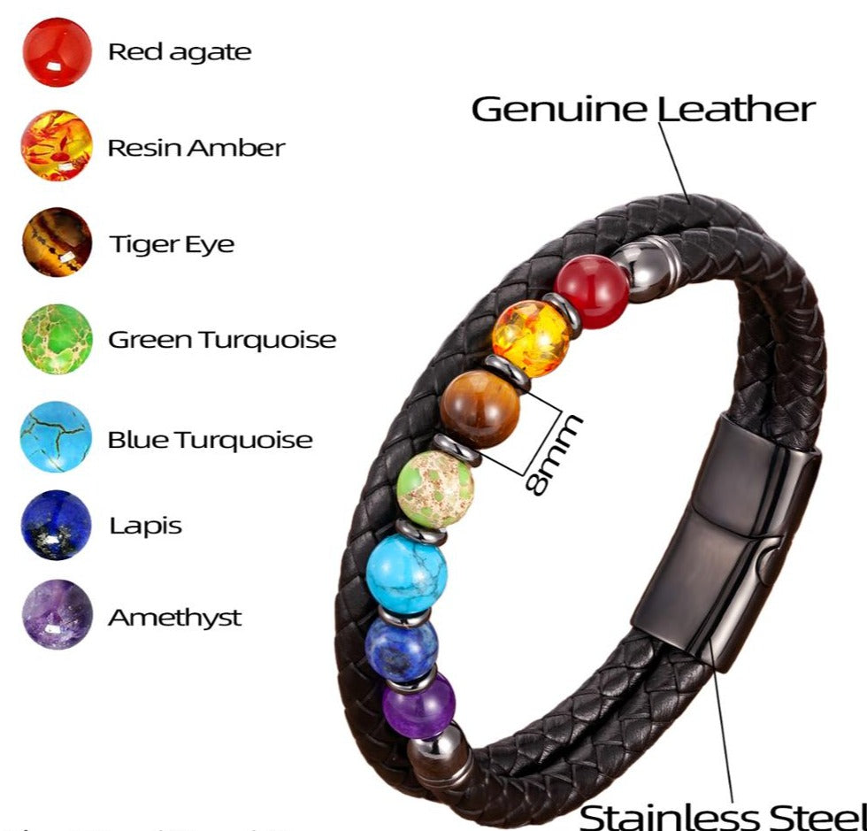 7 Chakra Bead Stone Braided Bracelet Bangle Leather Crystal Bracelet