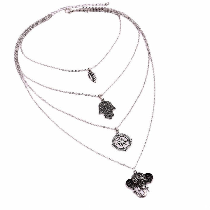 Silver OM Elephant Moon Pendant Collar Necklace Charm Choker Vintage Women Boho Necklace