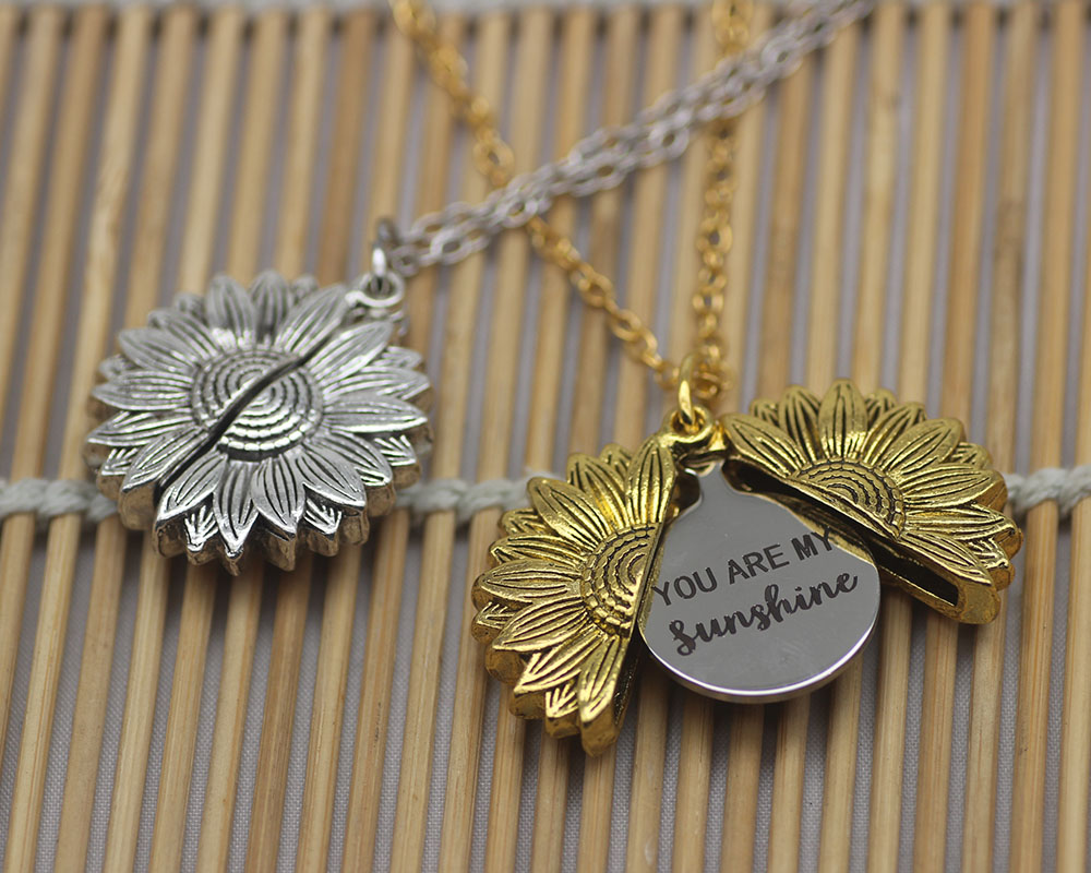 You Are My Sunshine Locket Sunflower Necklace Personalized Custom Engraved Name Gold Silver