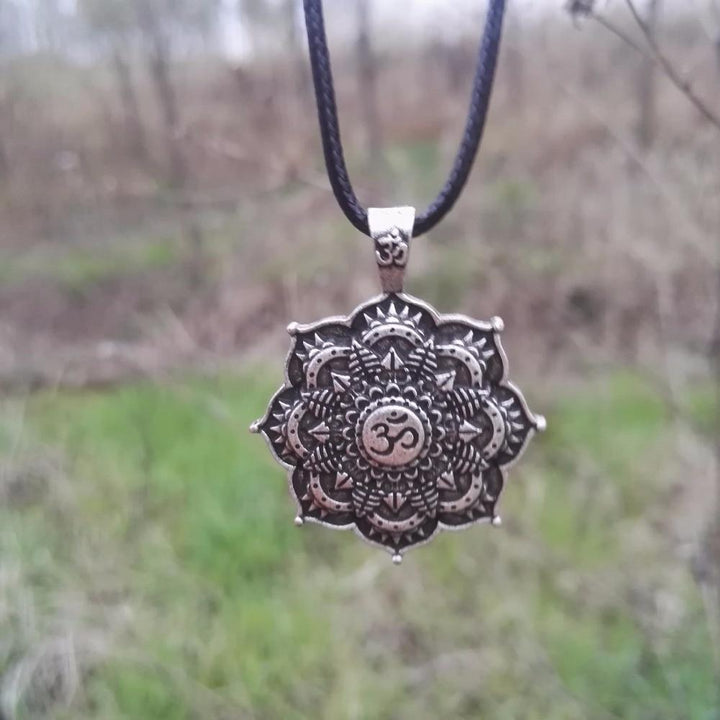 Antique OM Lotus Mandala Pendant Necklace Vintage Charm Necklace Silver Bronze