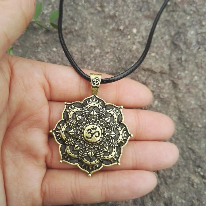 Antique OM Lotus Mandala Pendant Necklace Vintage Charm Necklace Silver Bronze