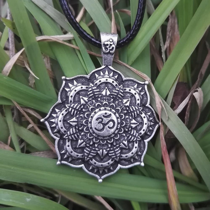 Antique OM Lotus Mandala Pendant Necklace Vintage Charm Necklace Silver Bronze