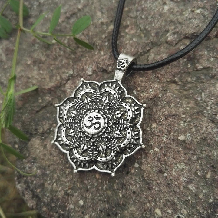 Antique OM Lotus Mandala Pendant Necklace Vintage Charm Necklace Silver Bronze