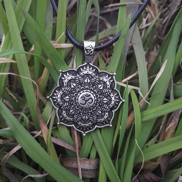 Antique OM Lotus Mandala Pendant Necklace Vintage Charm Necklace Silver Bronze