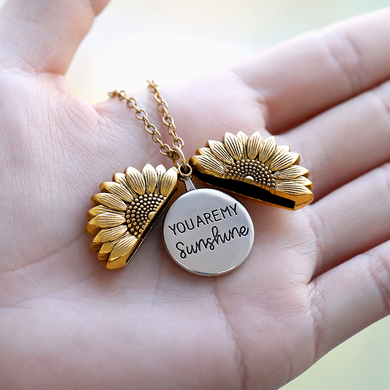 You Are My Sunshine Locket Sunflower Necklace Personalized Custom Engraved Name Gold Silver