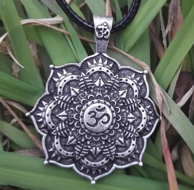 Antique OM Lotus Mandala Pendant Necklace Vintage Charm Necklace Silver Bronze
