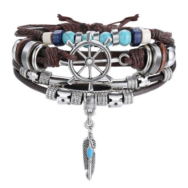 Tibetan Stone Feather Bracelet Leatherette Luck Bead Charms Bracelet