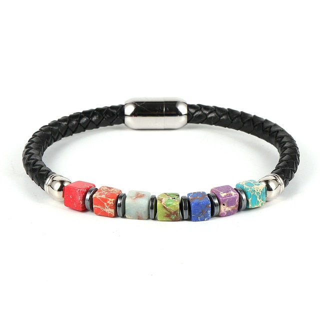 7 Chakra Cubic Beads Bracelet Healing Stone Charm Bangle Bracelet Unisex Silver Gold