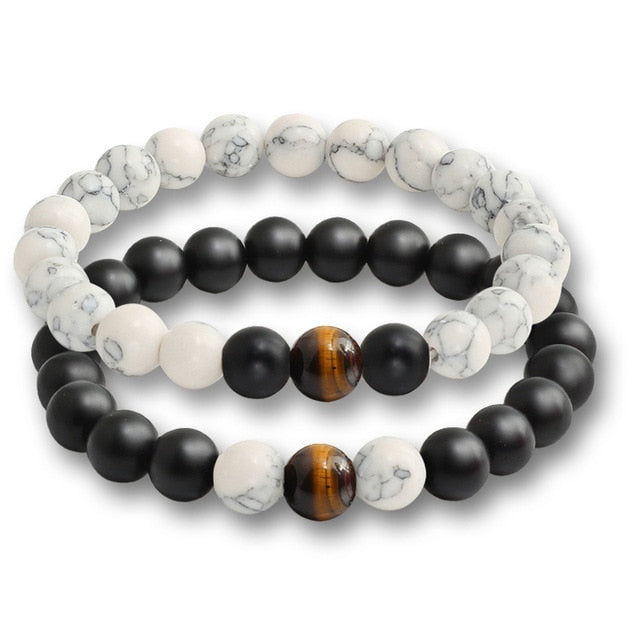 Set Couple Tiger Eye Stone Bracelets Beads Matching Lovers Mala Buddha