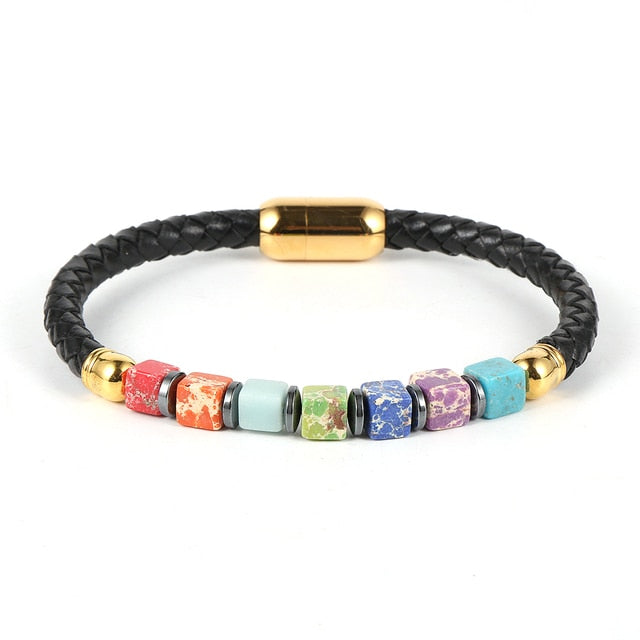 7 Chakra Cubic Beads Bracelet Healing Stone Charm Bangle Bracelet Unisex Silver Gold