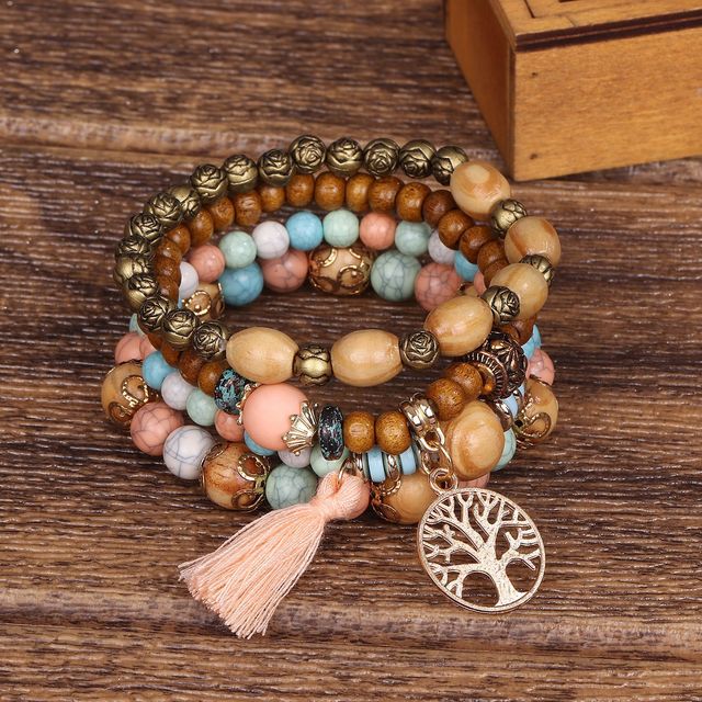 Boho Charm Wood Beaded Bracelet Wooden Bead Bracelet