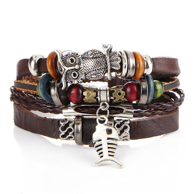 Tibetan Stone Feather Bracelet Leatherette Luck Bead Charms Bracelet