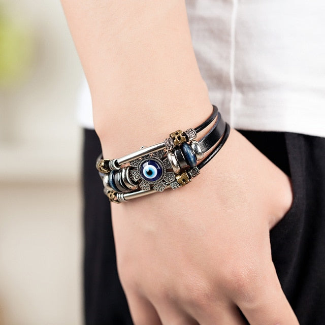 Evil Eye Multilayer Leather Bracelet Handmade Charm Protection Men Women Bracelet