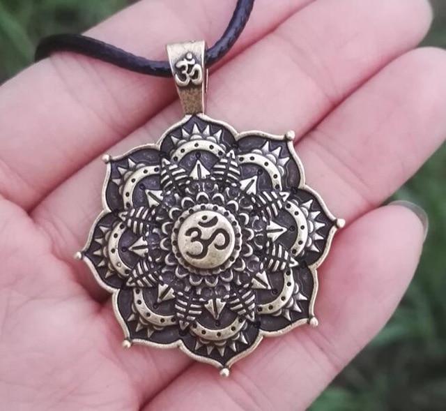 Antique OM Lotus Mandala Pendant Necklace Vintage Charm Necklace Silver Bronze