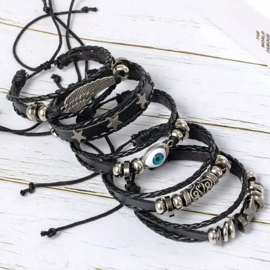 Evil Eye Braided Bracelet Set Lucky Beads Leather 5pcs Bracelet