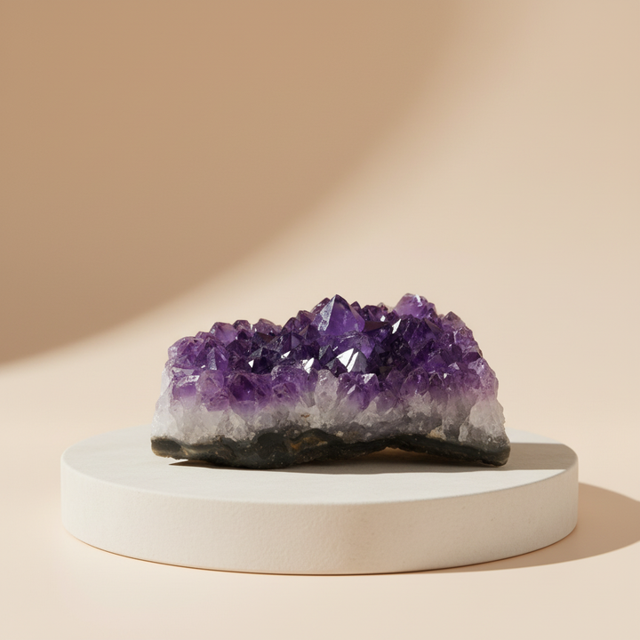 Amethyst crystal on a beige platform with a soft beige background