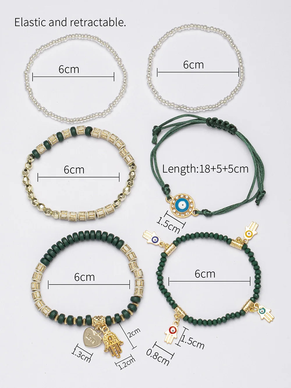 Evil Eye Bracelet Set Hamsa Charm Beaded Rope Women 6pcs Bracelet