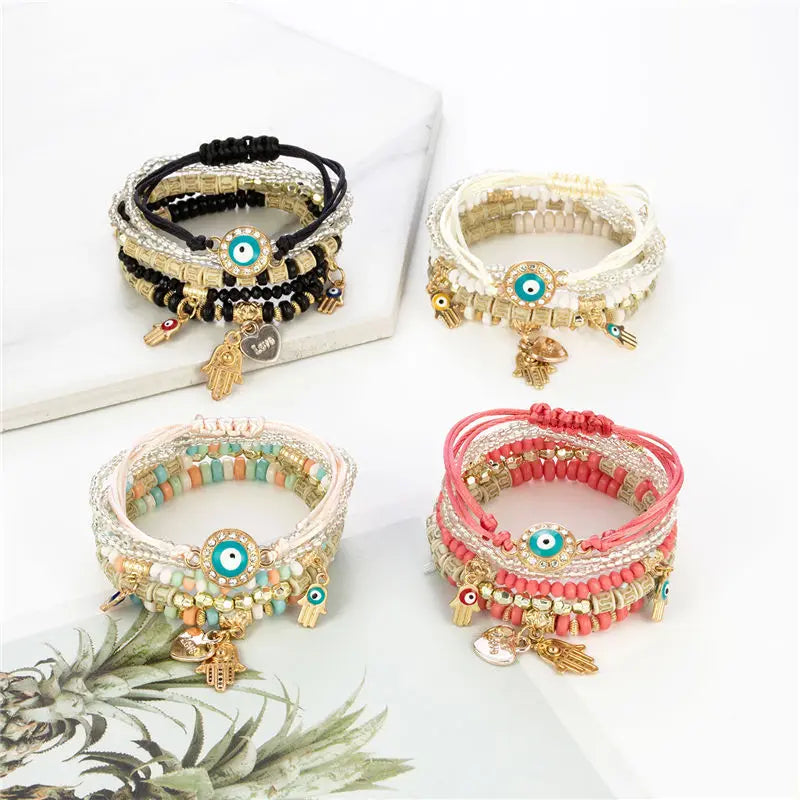 Evil Eye Bracelet Set Hamsa Charm Beaded Rope Women 6pcs Bracelet